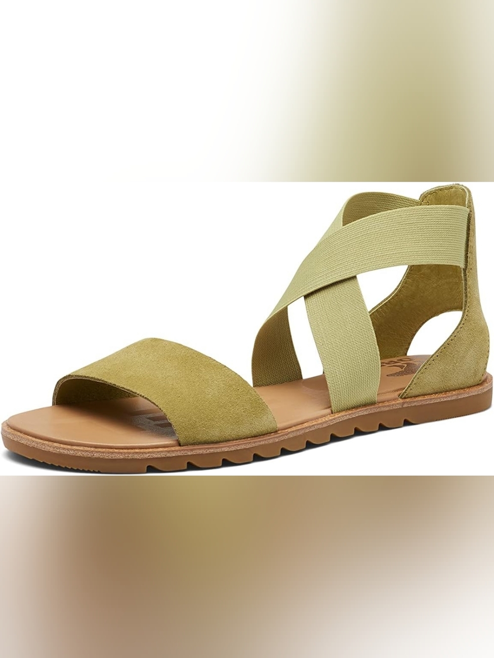 Sorel Neutral Olive Suede Ankle-Wrap Sandals with Elastic Straps Ella II US 9